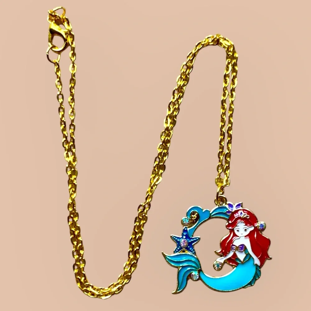 Mermaid Pendant Necklace in Gold and Blue Ariel